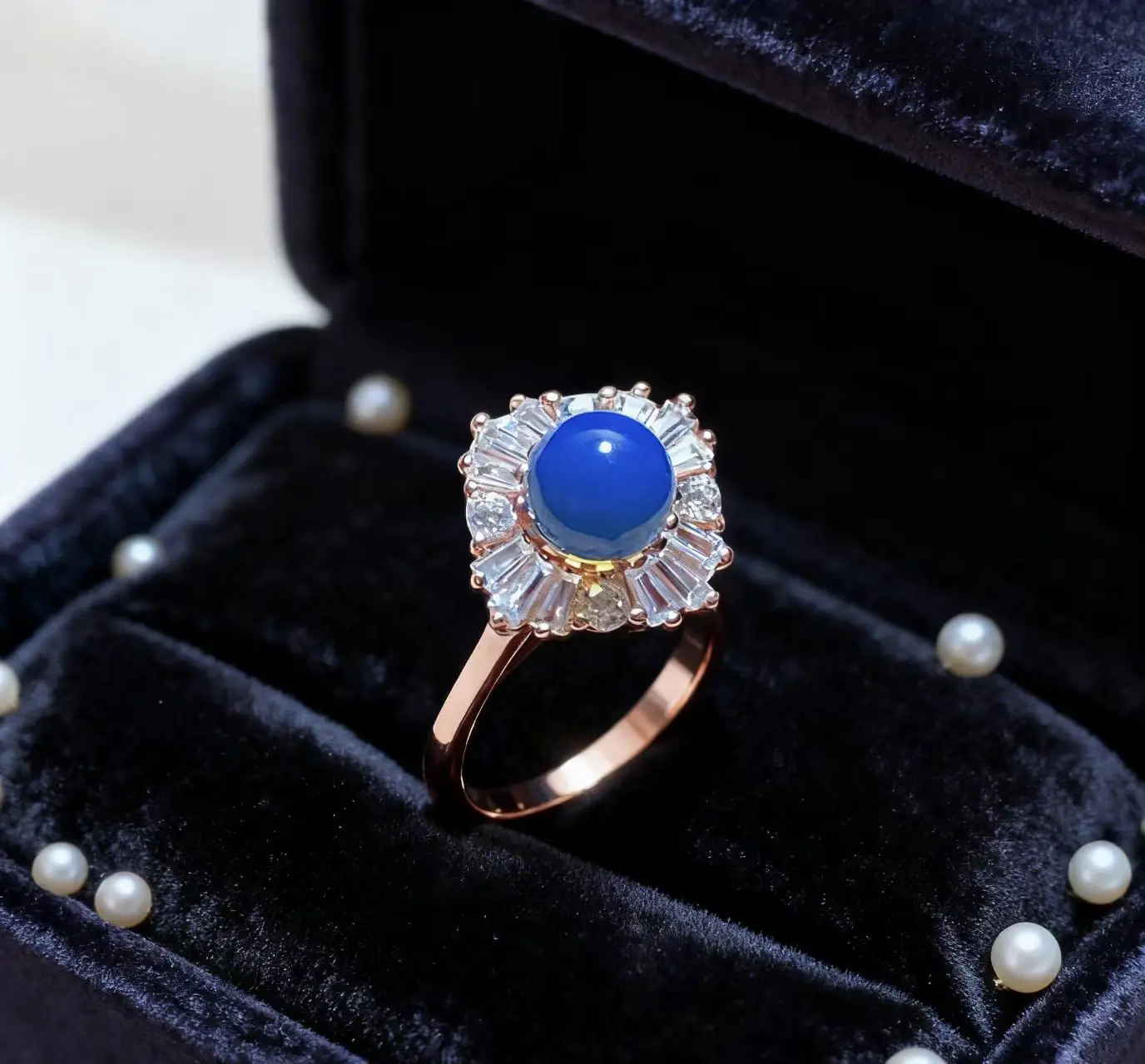 

Silver Setting Natural Dominican Blue Amber Ring 6mm Round Bead Slim Ring Band Multi Stone Inlay Design Style