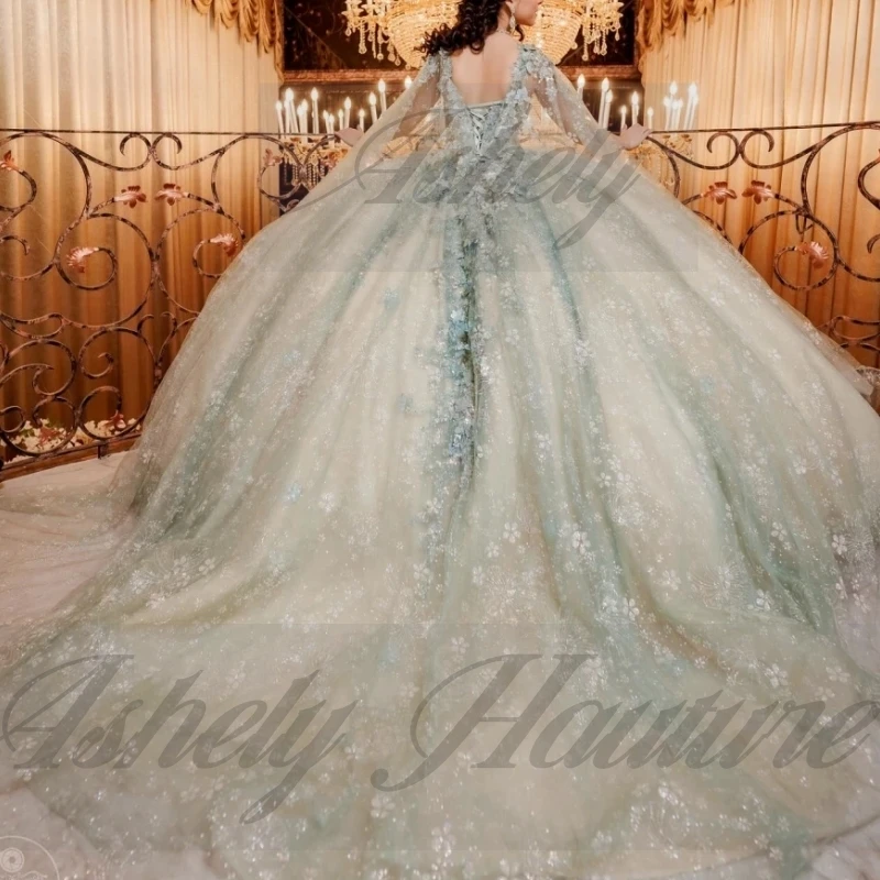 Robes de Quinceanera de sauge élégantes personnalisées avec Cape, robe de bal avec appliques florales pour femmes, tenue de bal pour occasions spéciales, fête d'anniversaire