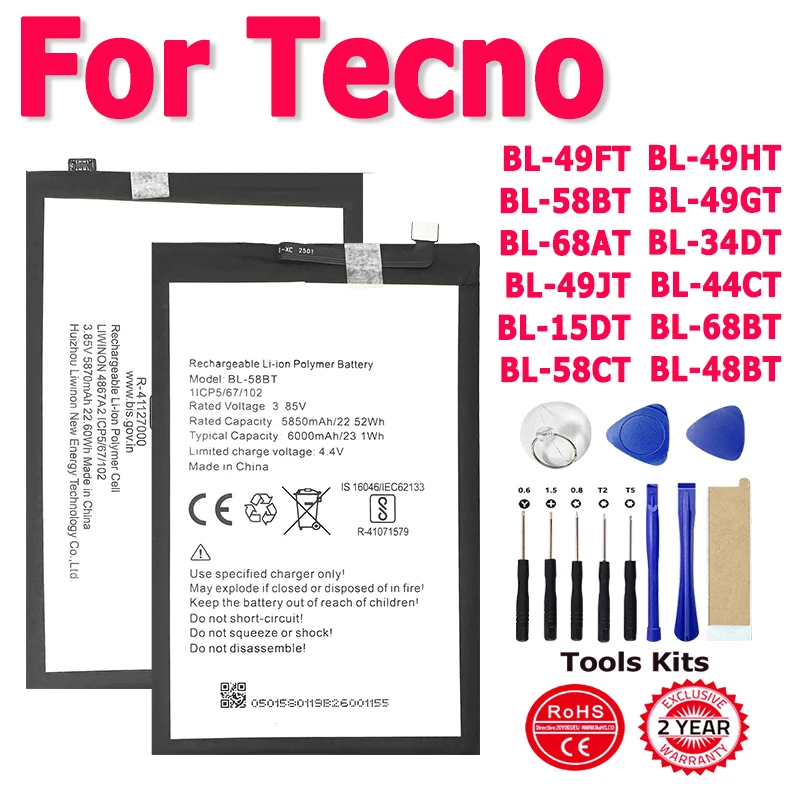 

Аккумулятор для Tecno Camon Spark Pova Phantom Neo POP 16 2 4 5 6 7 7T 8 9 12 15 16 17 18P CE9 CG6 KF6 LC7 LC8 CG8 BL-15DT Pro