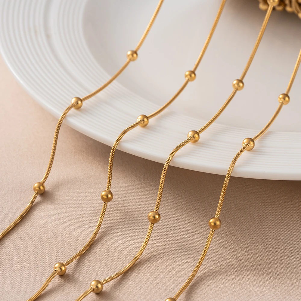 2 Meter Edelstahl-Goldkette, Schlangenkette in Goldfarbe mit Perlen für DIY-Halsketten, Armbänder, Fußkettchen und Schmuckherstellung – Detail 7