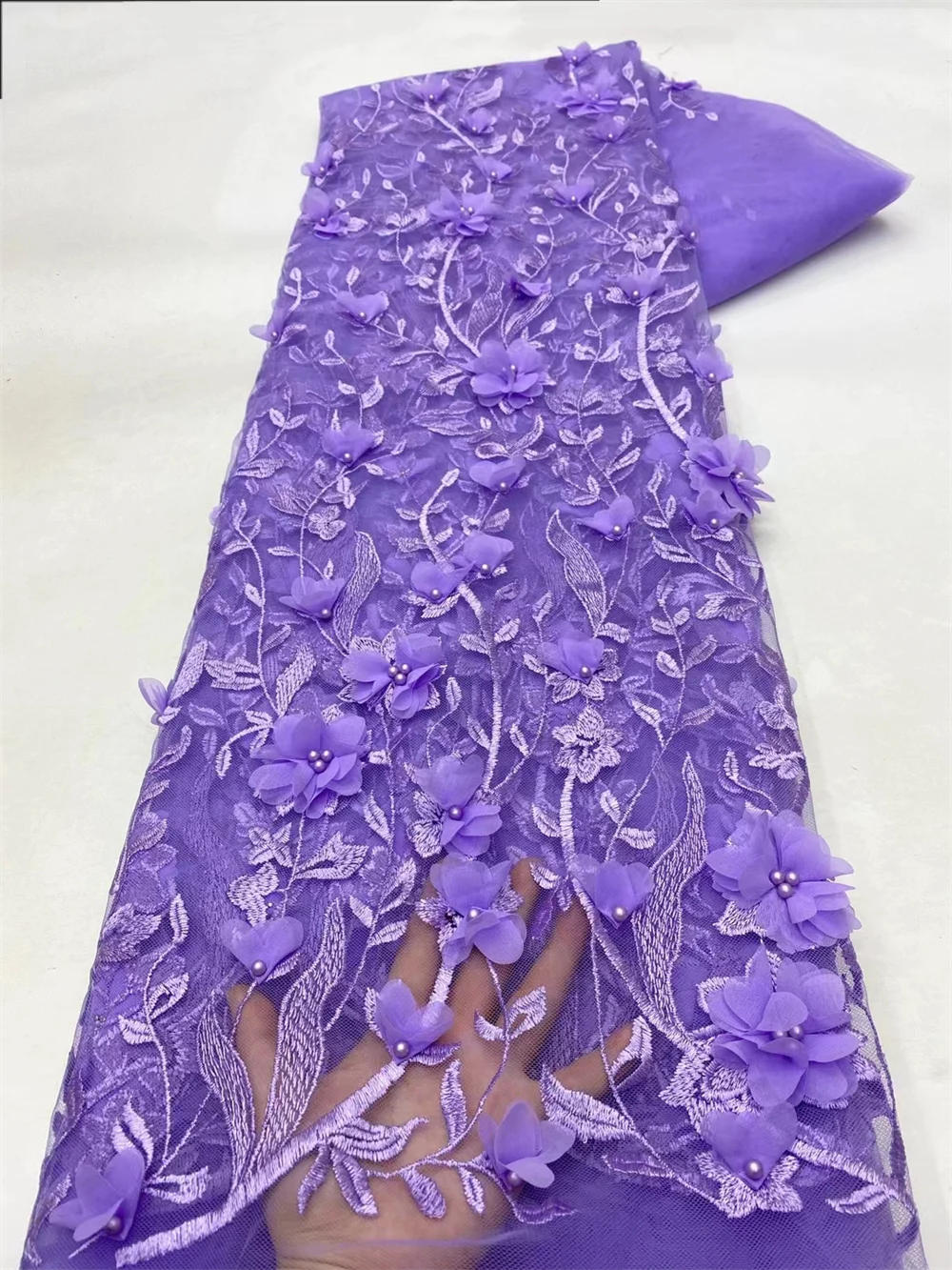 

Purple 3D Beads Lace Fabric 2023 High Quality Mesh Embroidery Applique 3D Flower Tulle Nigerian Lace Fabrics For Brida