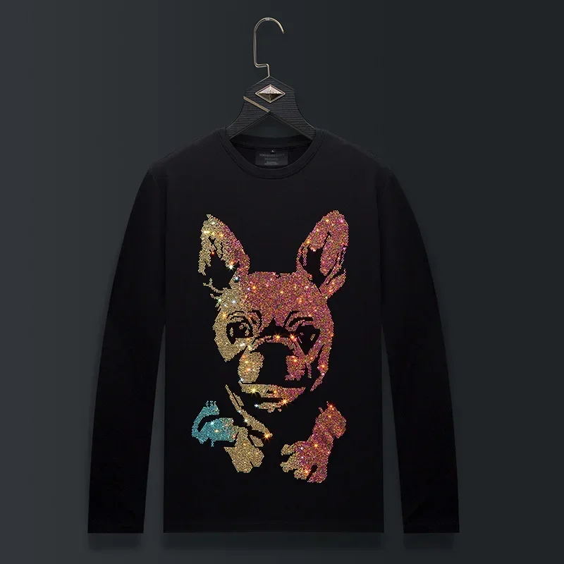 

Большие размеры, футболки со стразами, мужские футболки с мультяшным узором, модная уличная одежда с круглым вырезом и длинным рукавом, тонкие хлопковые футболки из модала, мужская одежда