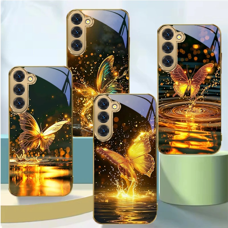 

Water Mirror Illusion Butterfly For Samsung Galaxy S26 S20 FE S21Plus S22 23 Plus S24 Ultra S25 S21+ S9 Golden glass phone case