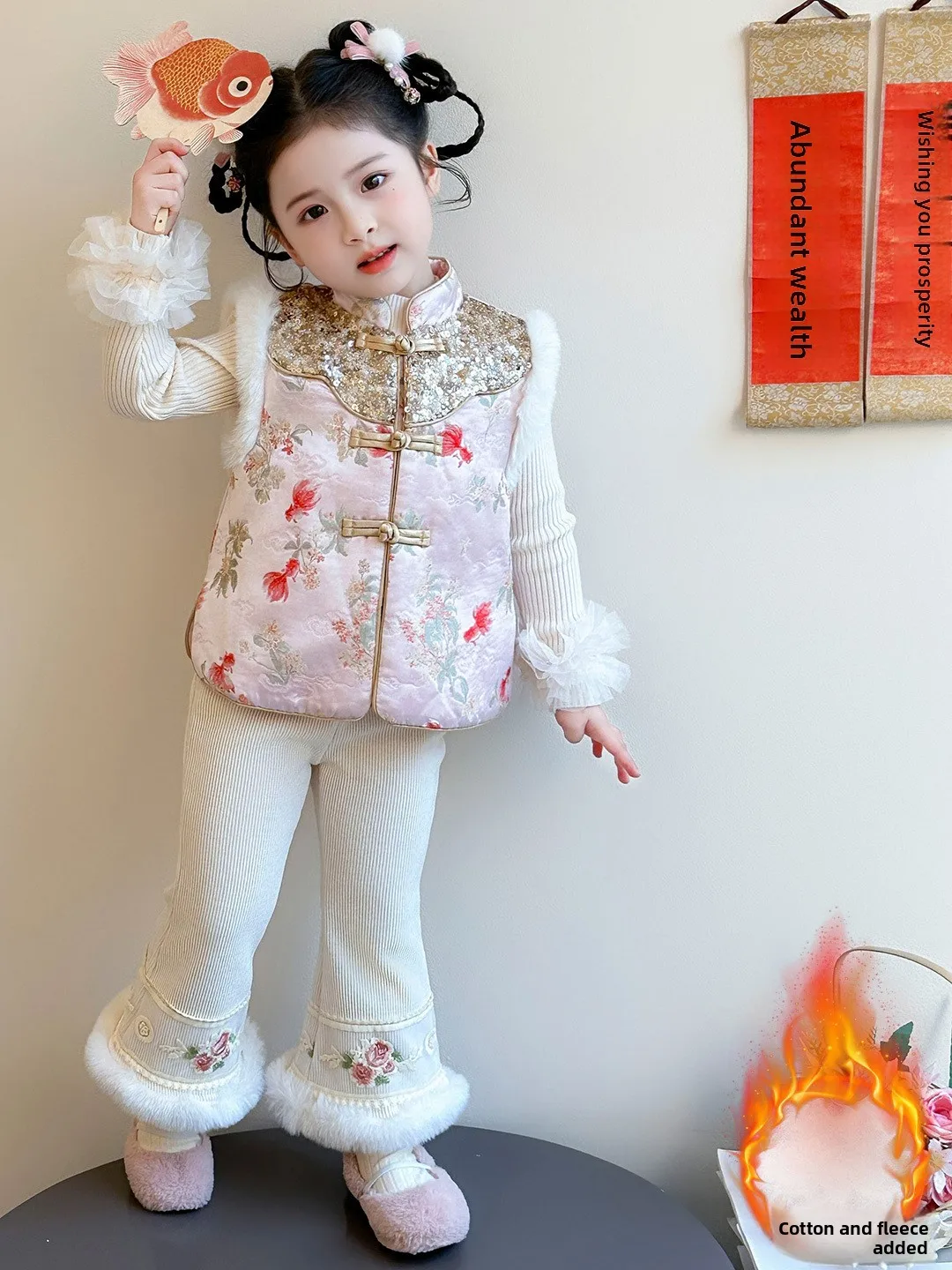 

Новый китайский праздничный костюм Тан для девочек, футболка Thiened, новогодняя одежда для посетителей, зимняя детская национальная одежда...