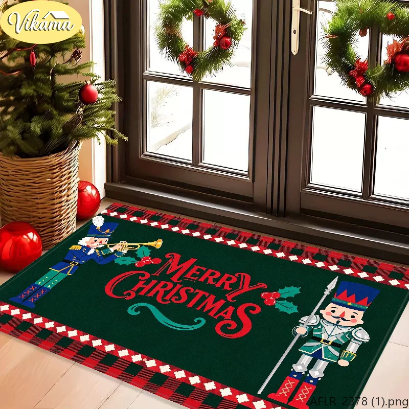 VIKAMA Christmas Doormat Nutcracker Trumpeter Guards Holly Coir Entrance Doormat for Outdoor Front Door Porch Xmas Home Decor