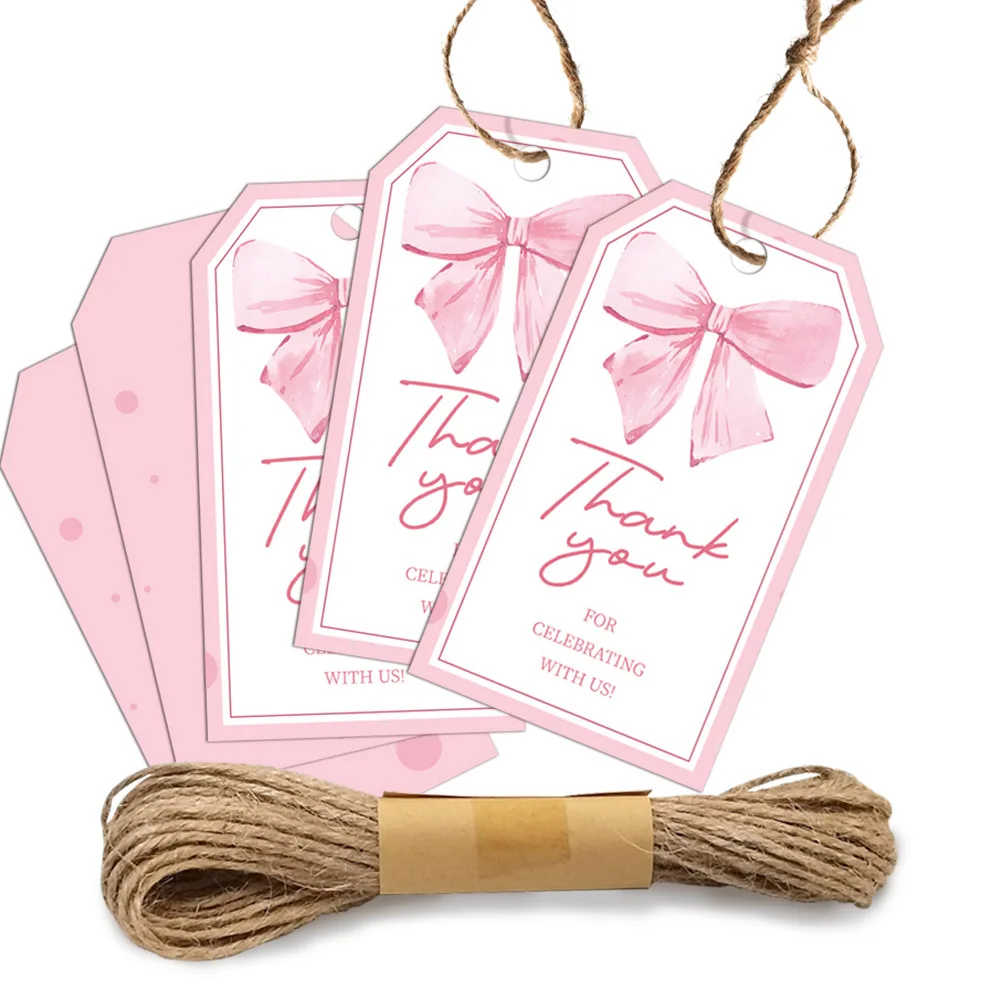 50Pcs Pink Bow Gift Tags with 10m Twine, Cute Thank You White Paper Tag for Coquette Birthday Baby Shower Wedding Gift Wrap Tag