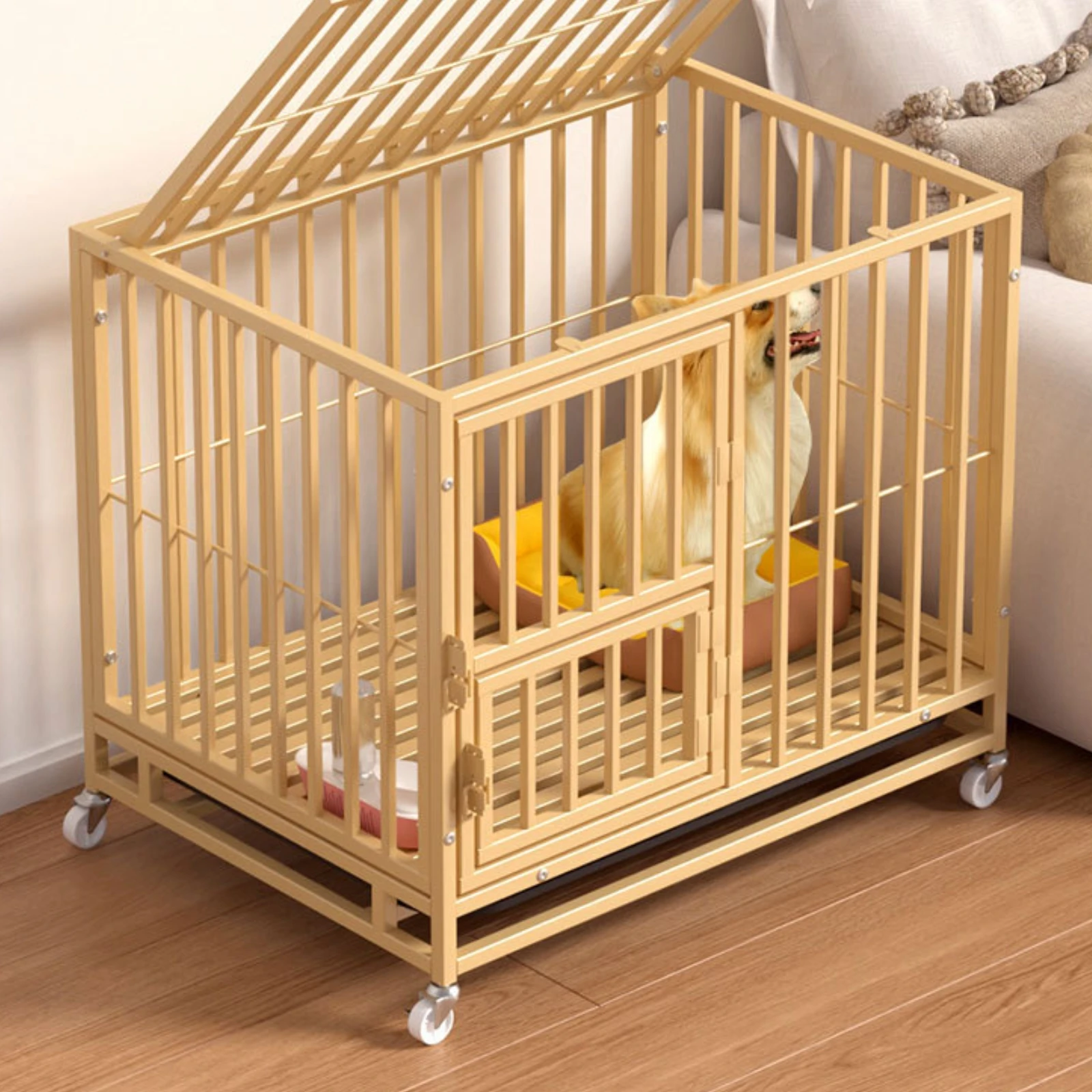 

Metal Dog Crate Caster Wheels Rolling Dog Crate Pet Enclosure Raised Base Slatted Floor