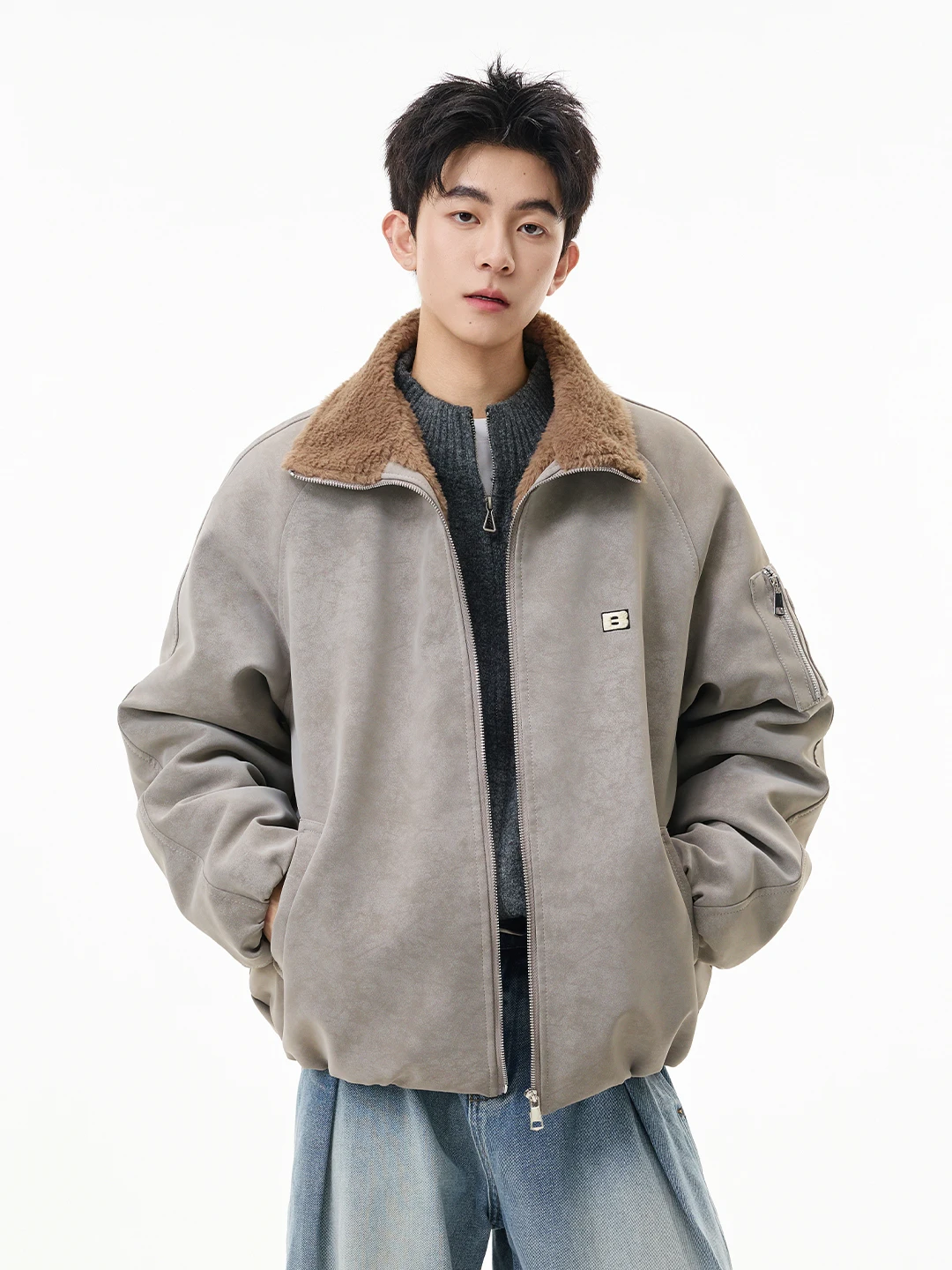 

Barnes Sle Men's Winter Thiened Warm Cotton Jaet Lamb Fur PU Leather Workwear Coat Loose Fit Youth Faion Casual Outer...