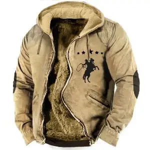 Men's Winter Parkas Long Sleeve Cowboy Print Warm Vintage Jacket for Men/Women Thick Clothing Outerwear