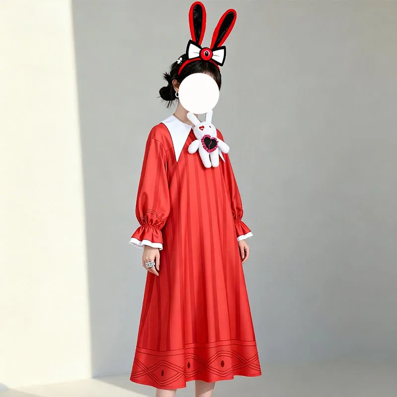 

Kids Adult Dorothy Game Party Cosplay Costumes Full Set Rabbit Ear Headwear Rabbit Tail Red And Black Dress Halloween Outfit
