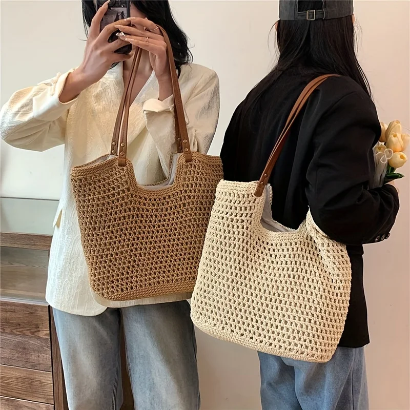 

Capacity Woven Tote Bag, Solid Color Casual Shoulder Bag For Vacation Travel, Fashionable Versatile Beach Bag