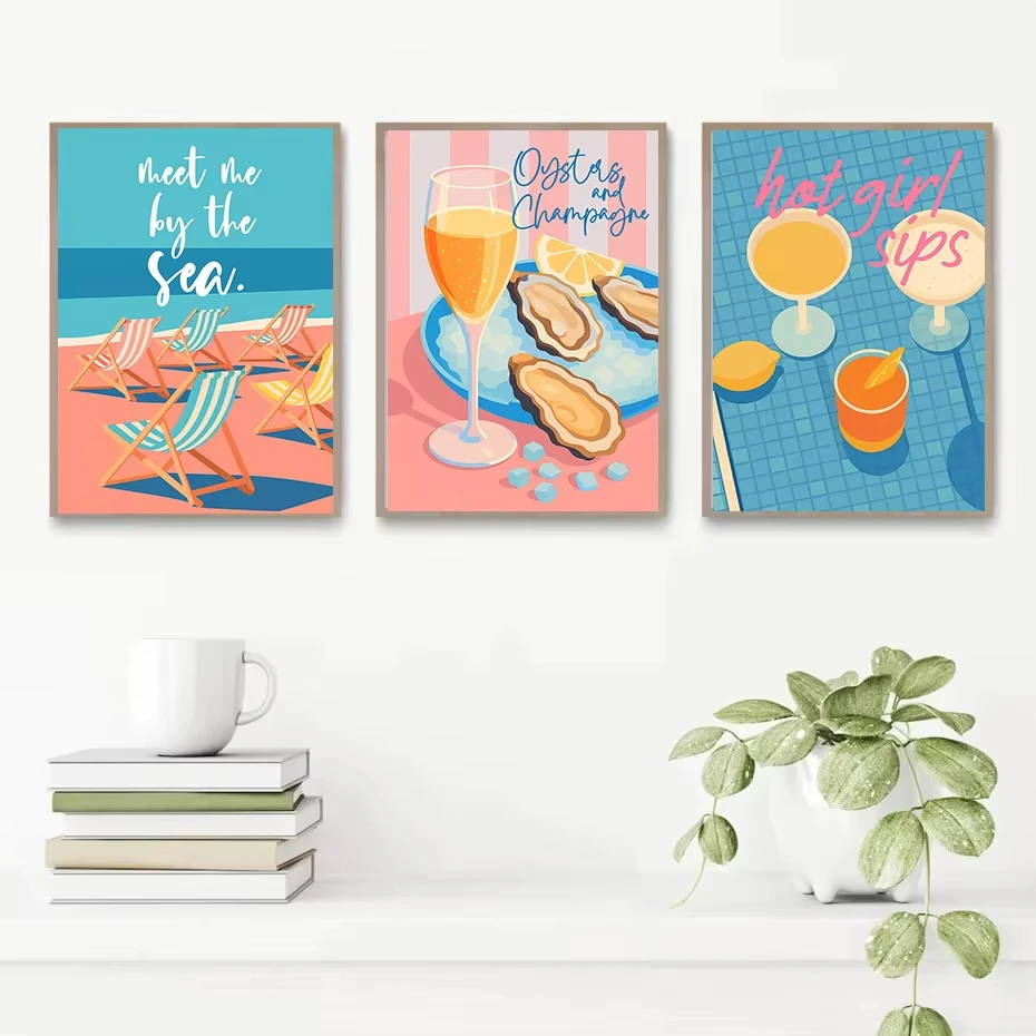 Summer Beach Fashion-Themed Poster Printing Bikini, Sardines, Juice, Oysters, Champagne—Frameless Canvas Art for Home Decor