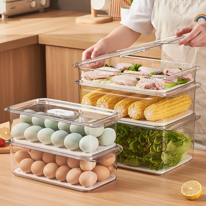

Refrigerator Storage Box With Drain Tray Stackable Food Storage Box Kitchen Transparent Fruit and Vegetable Fresh-keeping Box