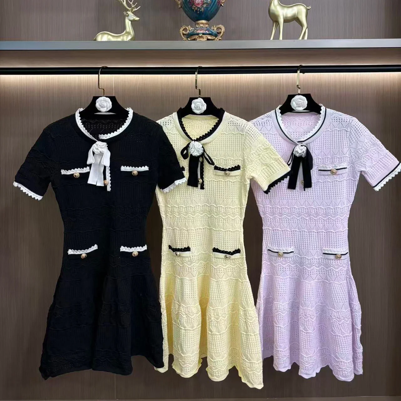 

Summer 2026 Yellow Knitted Dress Knot Waist Slim Fit Short Sleeve High Waist French Style Elastic Knit A-Line Skirt