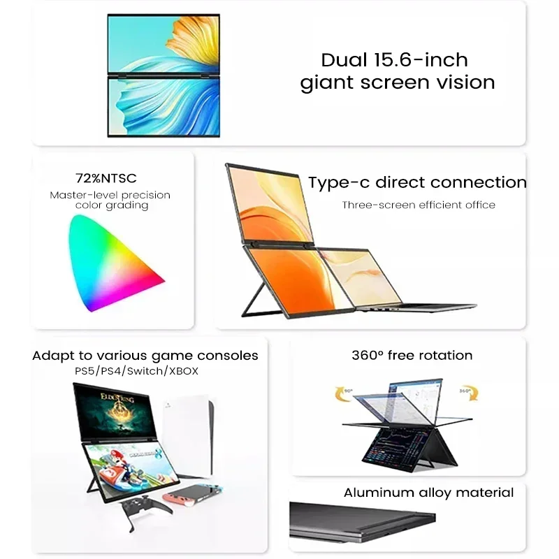 Monitor portatile Dual Touch Screen da 15.6 pollici 1080P FHD  Flip a 360 ° per PC Laptop Mac Phone Xbox PS4/5 Switch