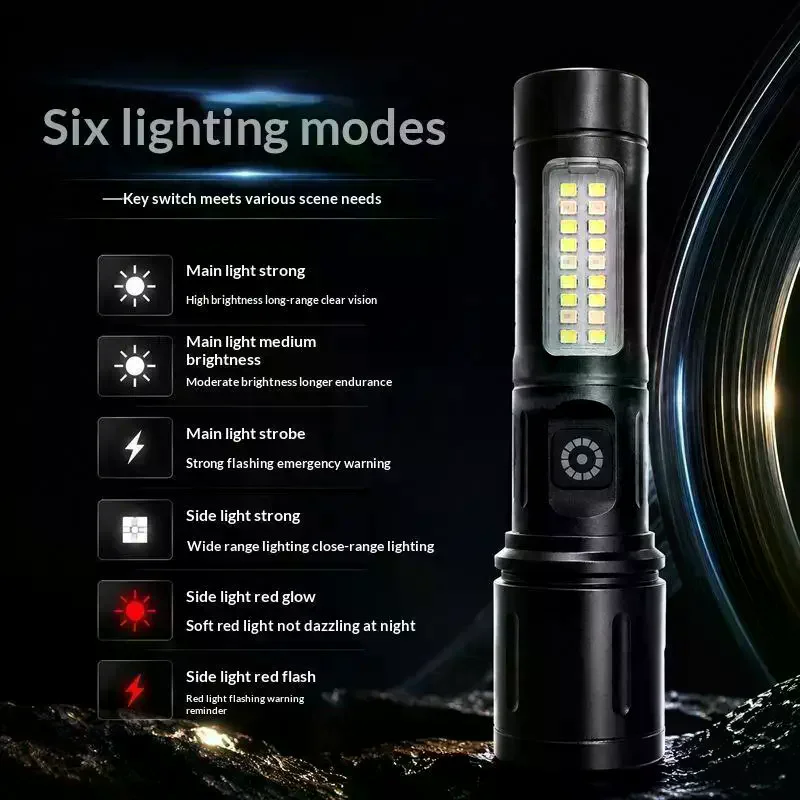 Flashlight LED COB Portable Zoomable Small Torch With Side Lights USB Rechargeable Outdoor Camping Fishing Emergency Lantern