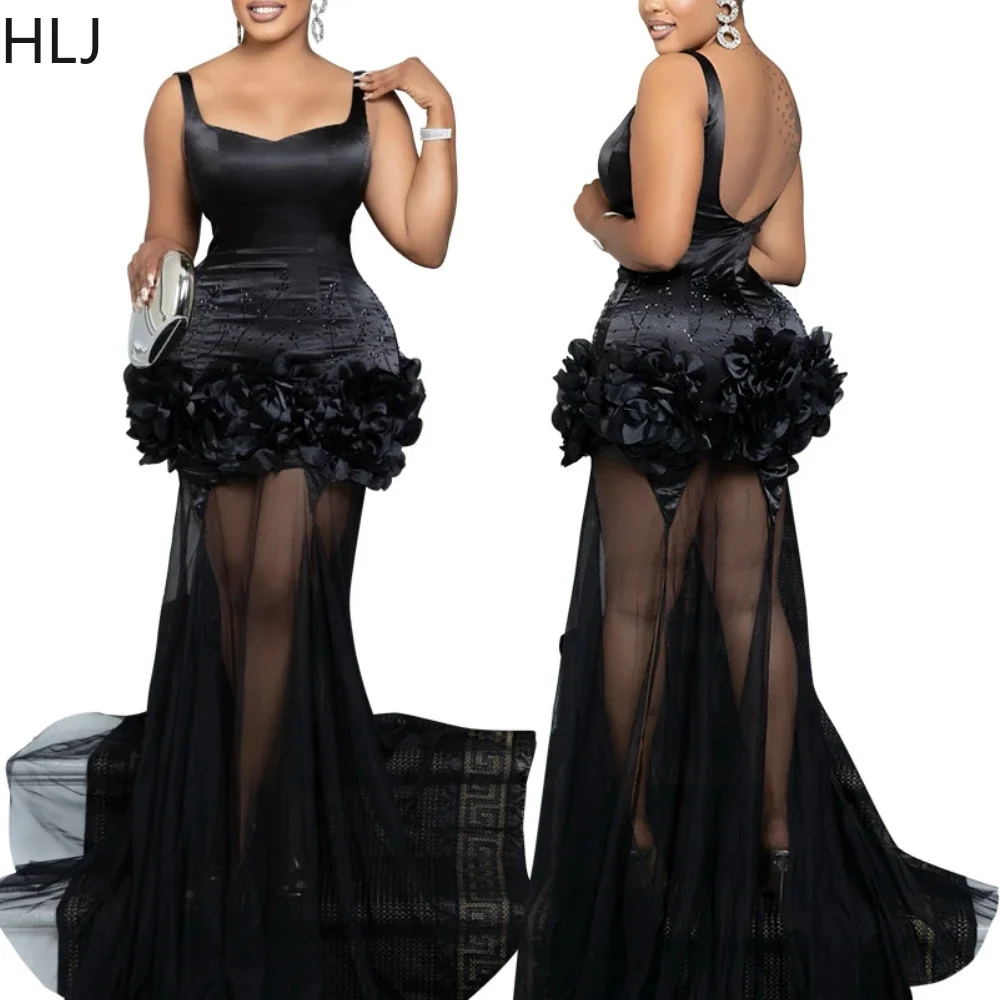 HLJ Black Fashion Mesh See Though Stitching Ruched Evening Party Long Dress Women Spaghetti Strap Rhinestone Slim Vestidos Robe