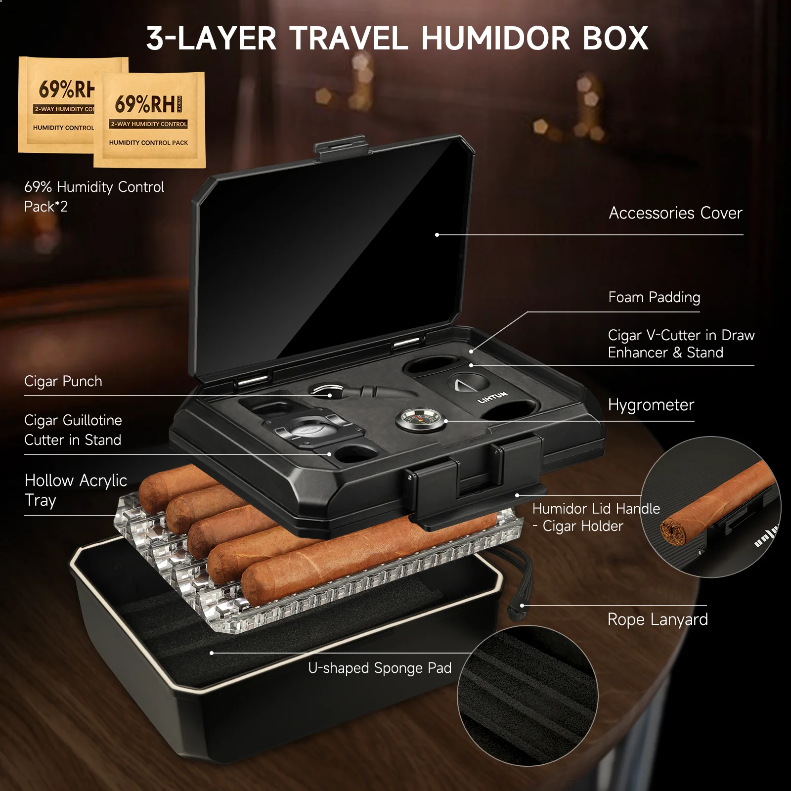 Portable Travel Humidor Box with 2 Cigar Cutters 1 Cigar Punch Hygrometer - Complete Cigar Accessories Set for On-the-Go Smoking