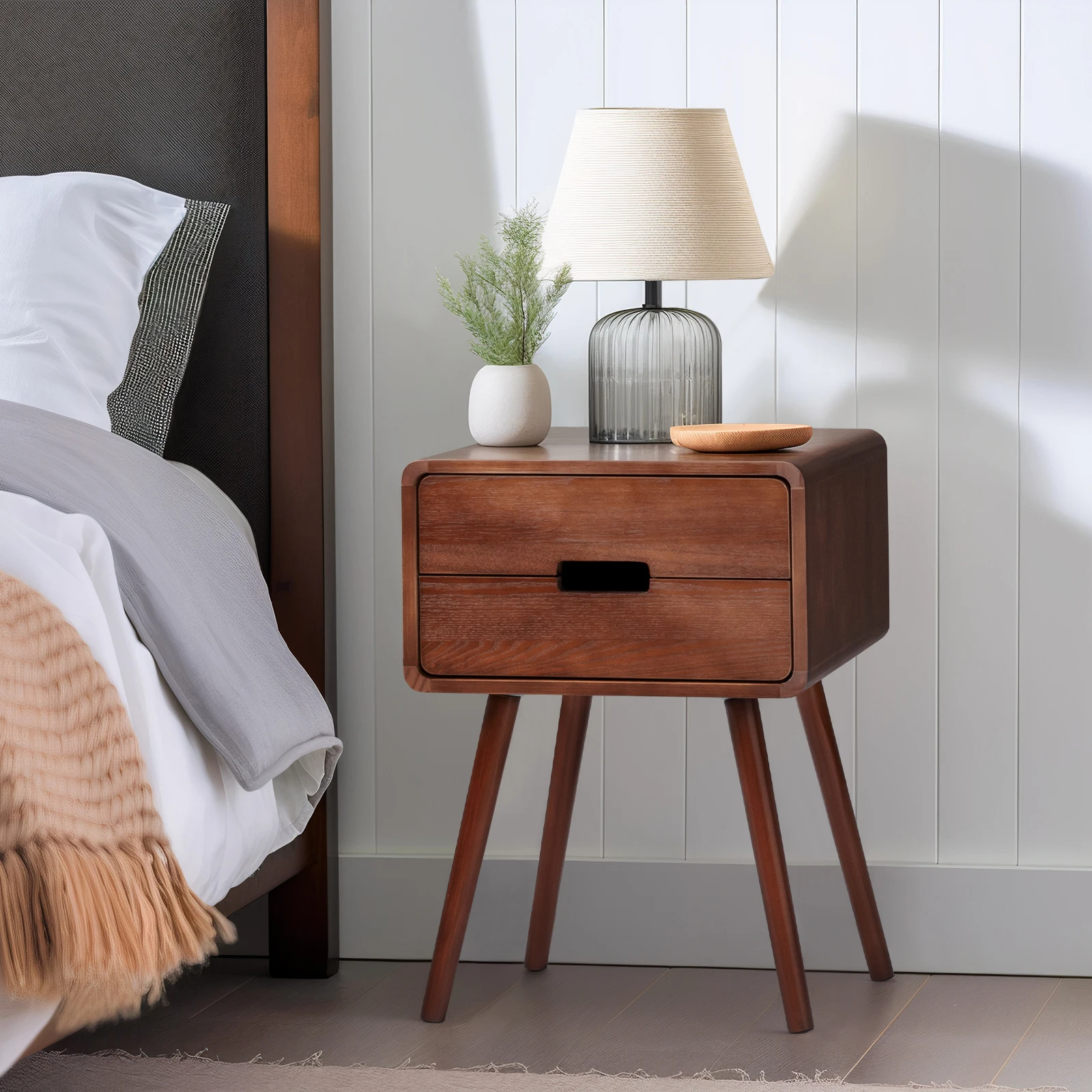 

Wood Nightstand End Side Table with Drawer & Solid Wood Legs for Living Room, Bedroom