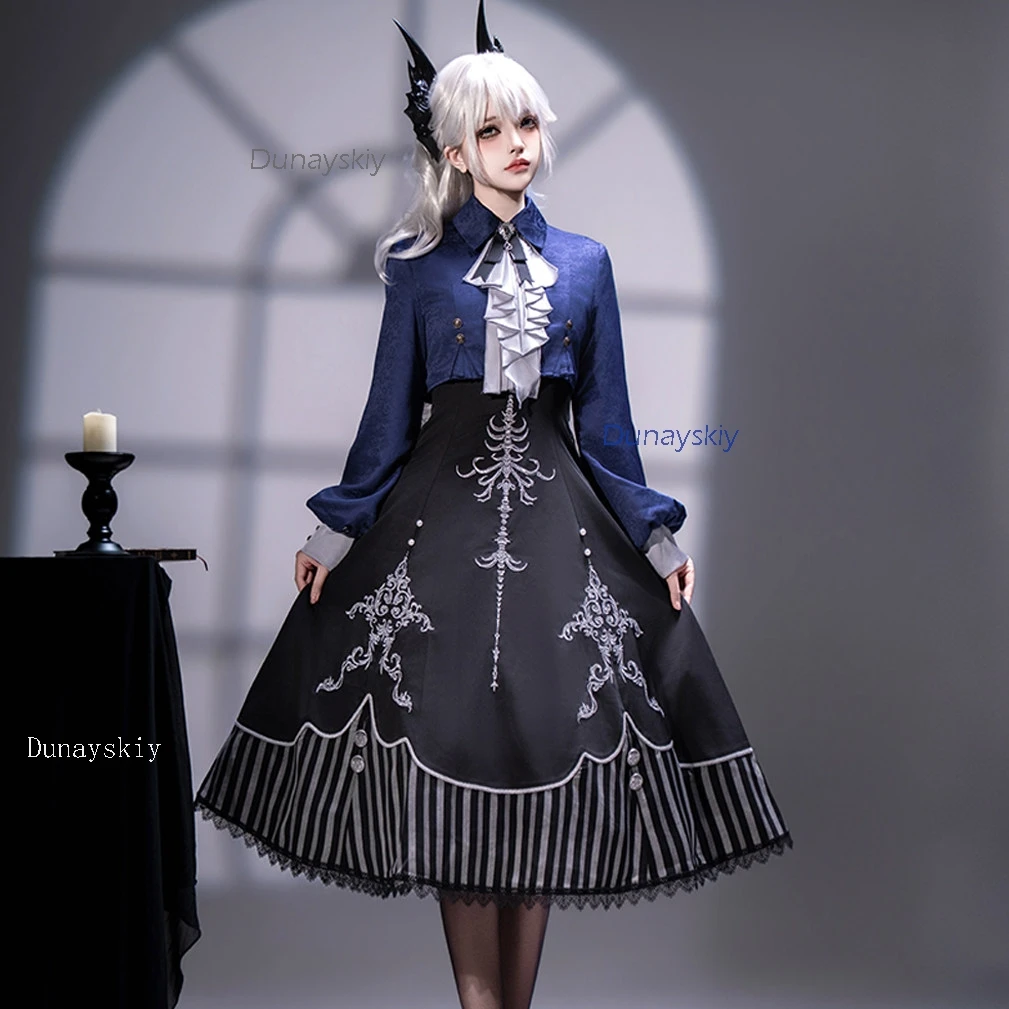 

Women's Gothic Dark Lolita 2-Piece Set Long Sleeve Top Slip Dress Dark Blue Royal Style Original Daily Wear Ouji Style Jirai kei