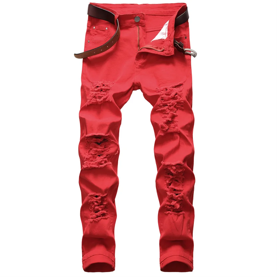 2025 New Men's Casual Jeans Trendy Red Hip Hop Holes Slim Denim Pants Ripped Trousers Versatile Stretch Distressed Pants Male