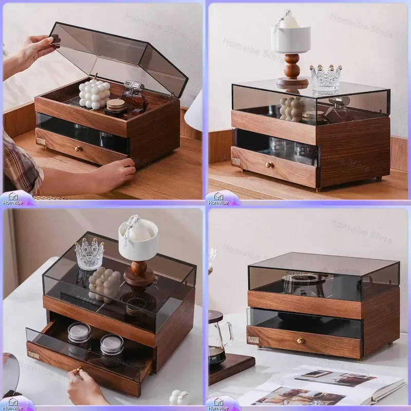 Walnut Tea Set Storage Cabinet Desktop Organizer for Teacup Teapot Dust Proof Display Box Jewelry Cosmetics Holder Furniture