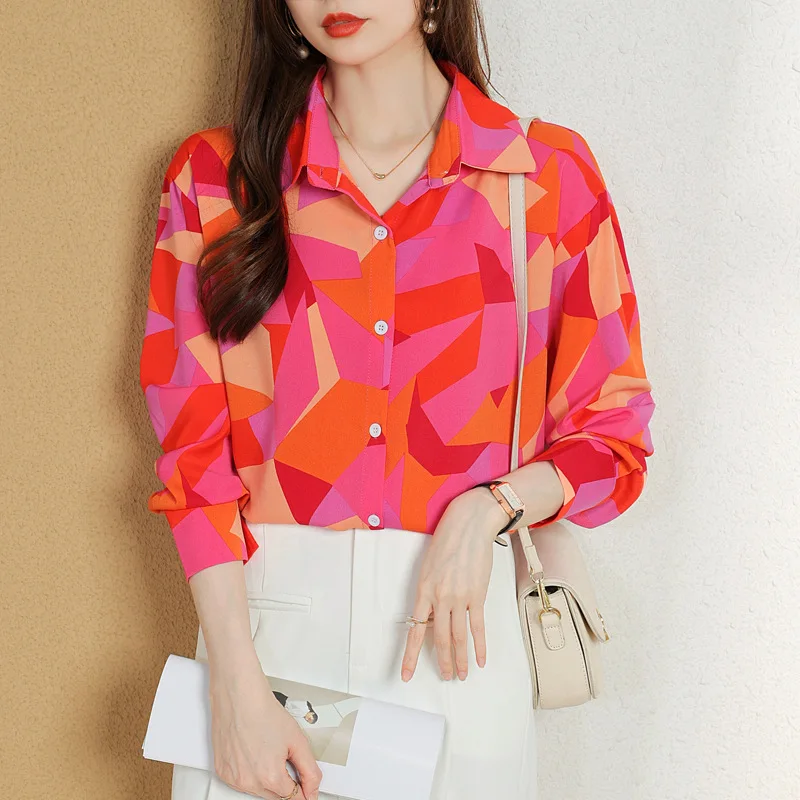 Pattern Stitching Luxury Clothes Women Elegant Women's Suits Chiffon Blouses Free Shipping Promotion Red Shirt Autumn Clothing