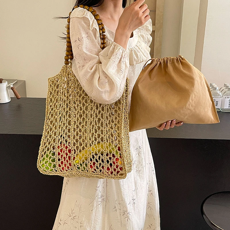 

Designer Style Summer Large Capacity Hollow Out Straw Bag Fashion Wooden Beaded Handle Shoulder Bag Female Weave Beach Tote Bag