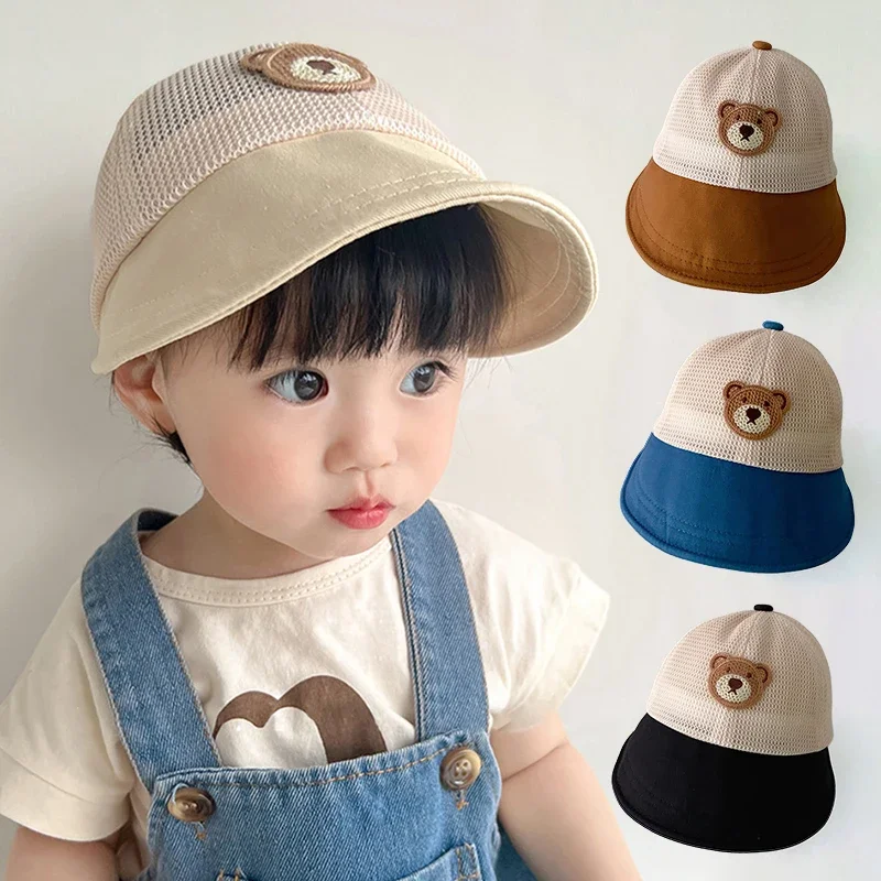 

Summer Baby Bucket Hat Adjustable Drawstring Mesh Toddler Visor Cap Cute Cartoon Bear Kids Sunshade Hats