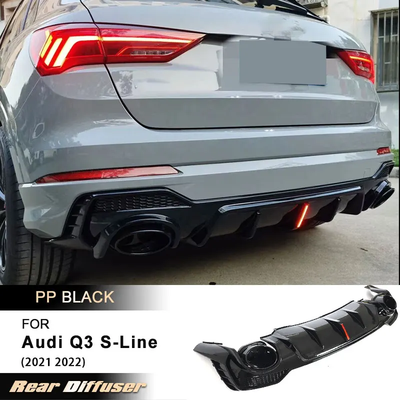 Auto-Heckstoßstangen-Diffusor-Spoilerlippe für Audi Q3 S-Line 2021 2022 Racing Hecklippe mit Auspuffblende Bodykits PP Schwarz