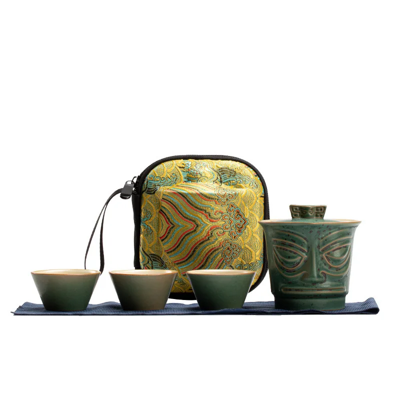 Retro Chinese Style Sanxingdui Culture Quick Customer Cup Outdoor Camping Tea Pot Gift Convenient Package Travel Fishing Tea Set