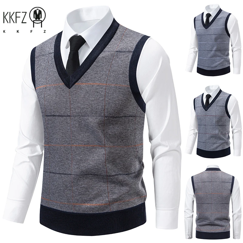 Men's V-Neck Knitted Sweater Diamond Grid Twisted Flower Casual Fashion Versatile Knit Top Autumn Winter