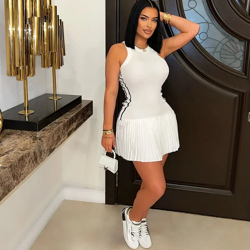 Casual de malha verão plissado a linha mini vestido mulher sem mangas o pescoço fino lado listrado elástico festa clube vestidos streetwear