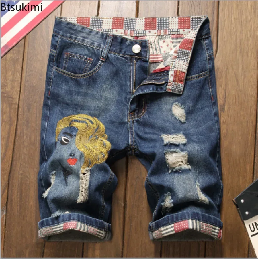 2025 Men's Summer Vintage Ripped Short Jeans Streetwear Hole Design Slim Denim Shorts Male Brand Clothes Fashion Shorts 28-40