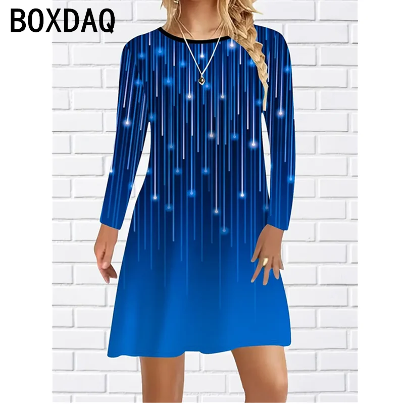 Large Size Women's Dress Autumn Winter Long Sleeve O-Neck Casual A-line Dress 3D Fashion Colorful Stripe Printed Dress Vestidos