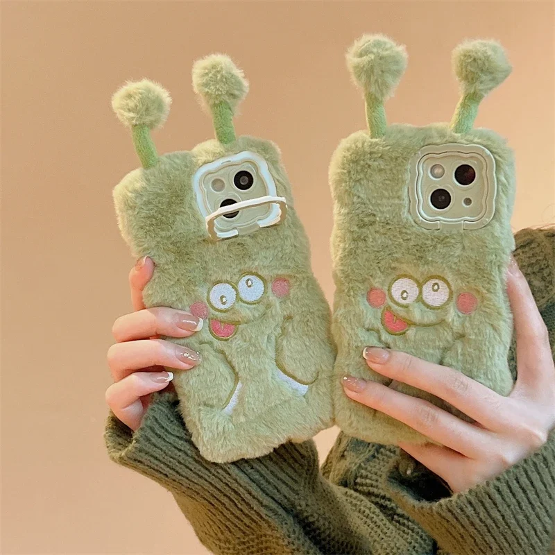 Plush Cute Green Monsters Fluff Toy Phone Case For Huawei Mate 60 Pro Mate 50 40 30 Pro Anti-drop tective Furry Cover Case