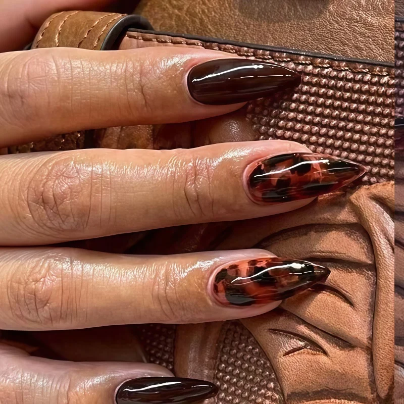 2026 hot selling new 24PCS deep brown turtle shell amber pointed almond shaped decorative nail pieces