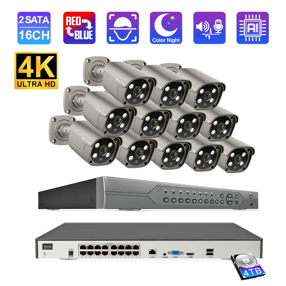 H.265 16-Kanal 5MP 8MP PoE NVR Kit CCTV-System Außen-Dual-Audio-Kamera AI P2P Komplettset