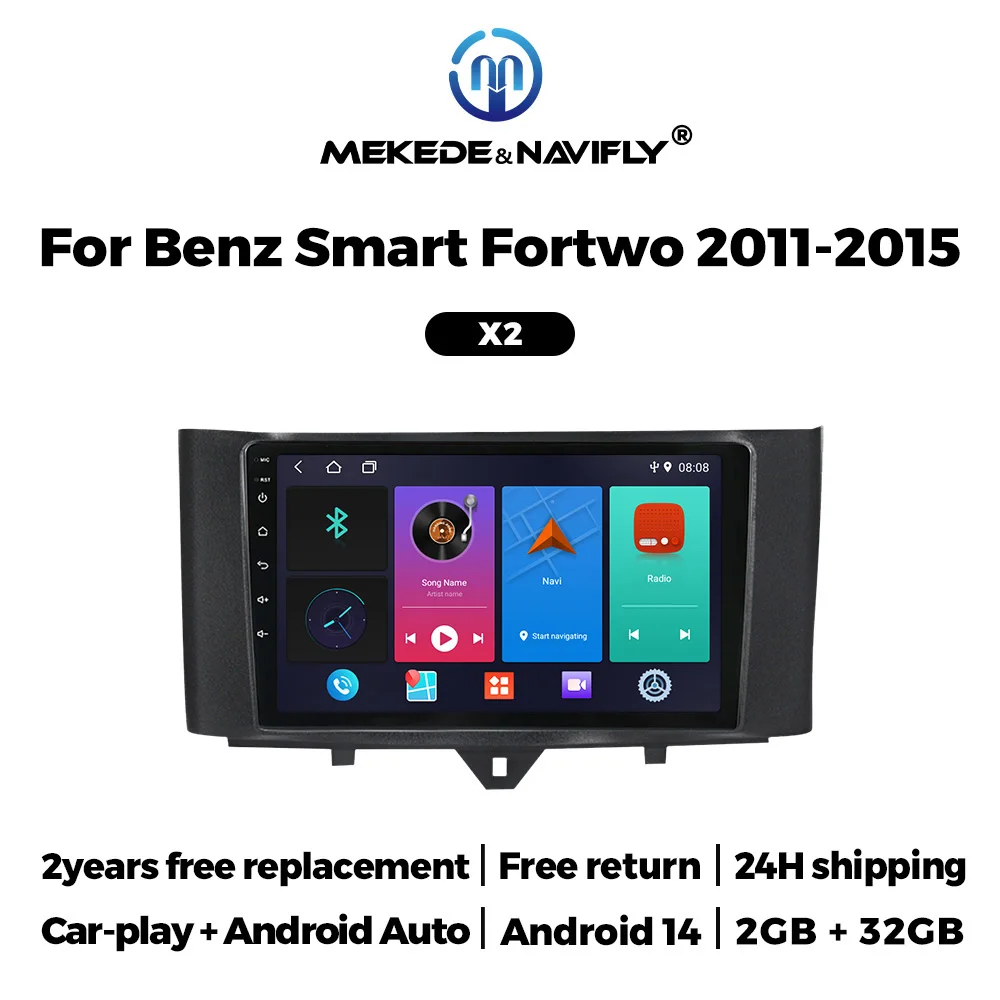 

MEKEDE Android14 Car smart radio Multimedia Wireless CarPlay+Auto GPS Navigation player WIFI+BT for Benz smart Fortwo 2011-2015