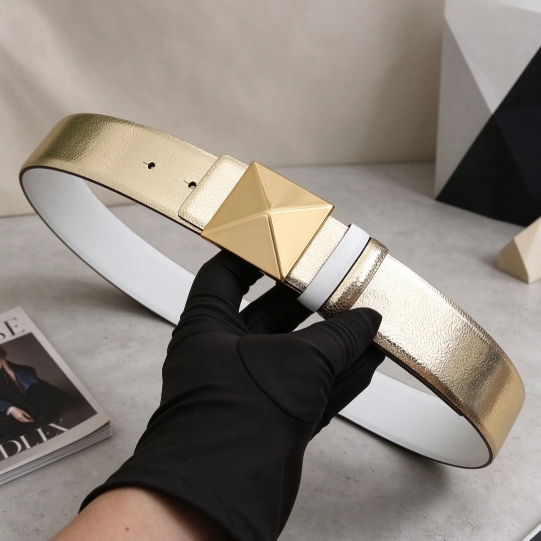 Women Fashionable Belts Real Leather Belt For Reversible Belt Pyramid Buckle Double-sided Dress Jeans Belts 4cm （boxless）