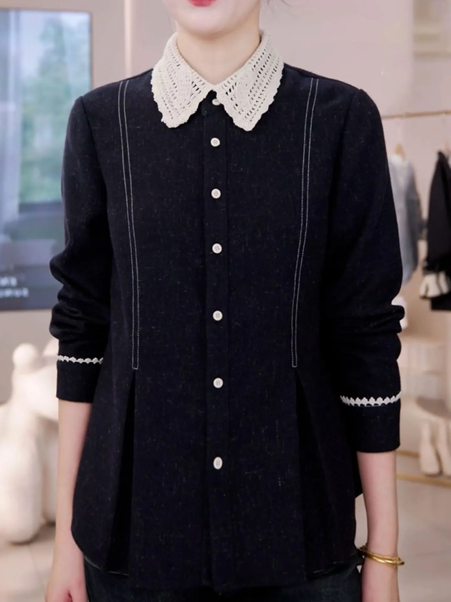 

Ele Long Sve Lace Collar Single Button irt Commute Versatile Women's Top Winter Faion Korean Sle Loose Fit irt