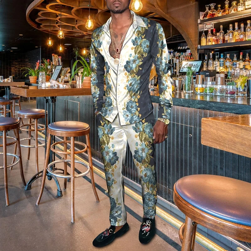 

2026 Fashion Men's Casual Sportswear 3D Printed Flower Pattern Breathable Men's Lapel Long Sleeve Shirt Long Pants 2 Piece Set
