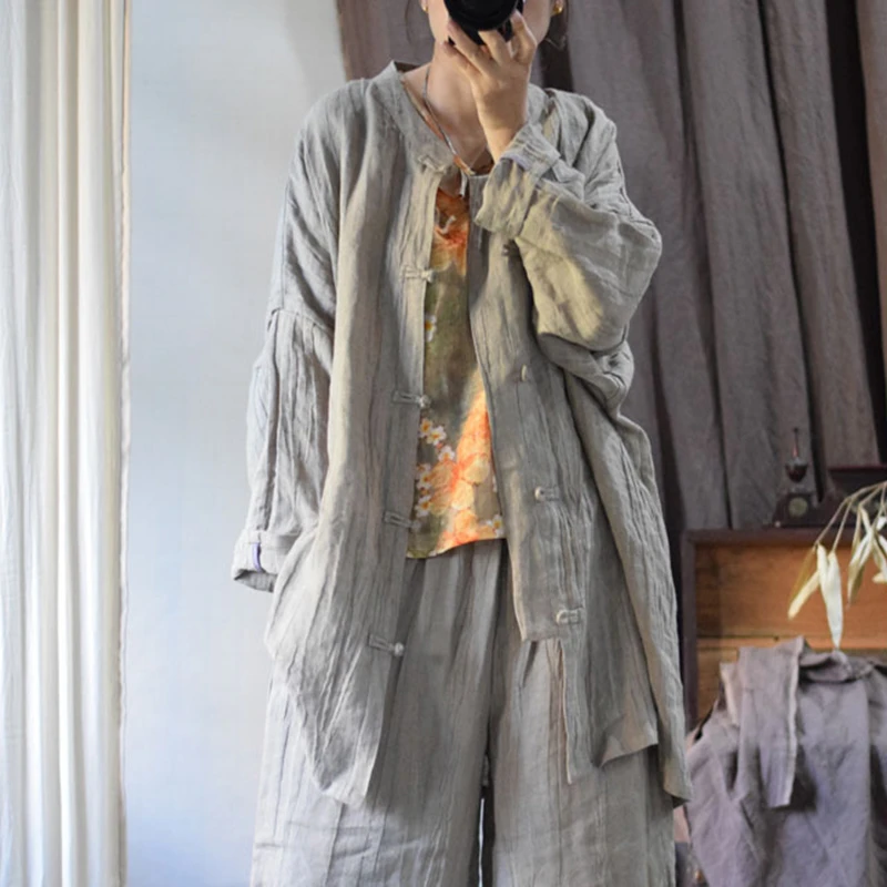 Chinesischen Stil Frauen Casual Leinen Hemd Neue Ankunft 2025, Frühling Vintage Stehkragen Lose Weibliche Lange Tops Shirts M1458