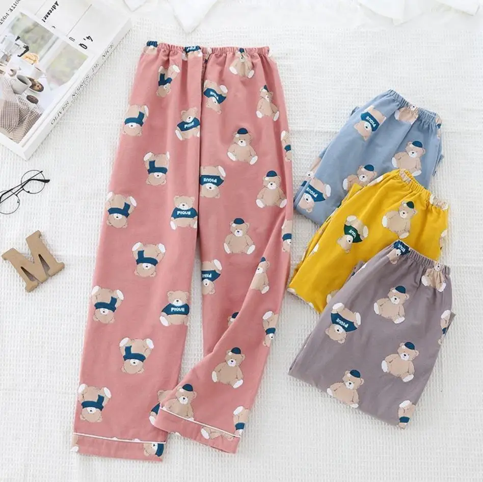 

Thick Pajamas 100% Cotton Sleep Bottoms Women Printed Japanese Style Spring Summer Cotton Home Pants Loose Large Size Trousers