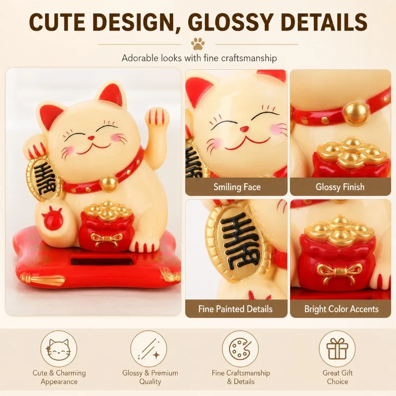 Mini Solar Lucky Cat Ornament, Auto Waving Paw Maneki Neko Figure for Car Dashboard Store Counter Home Office Decor Display Gift