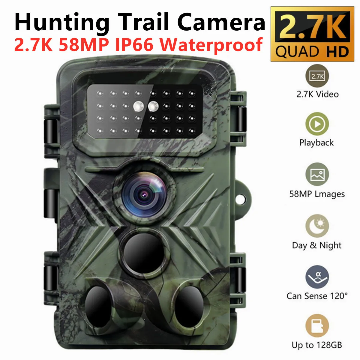 

Фотоловушка 2.7K 58МП HD, водонепроницаемая, с ночным видением, активируемая движением, для наружного наблюдения за дикой природой