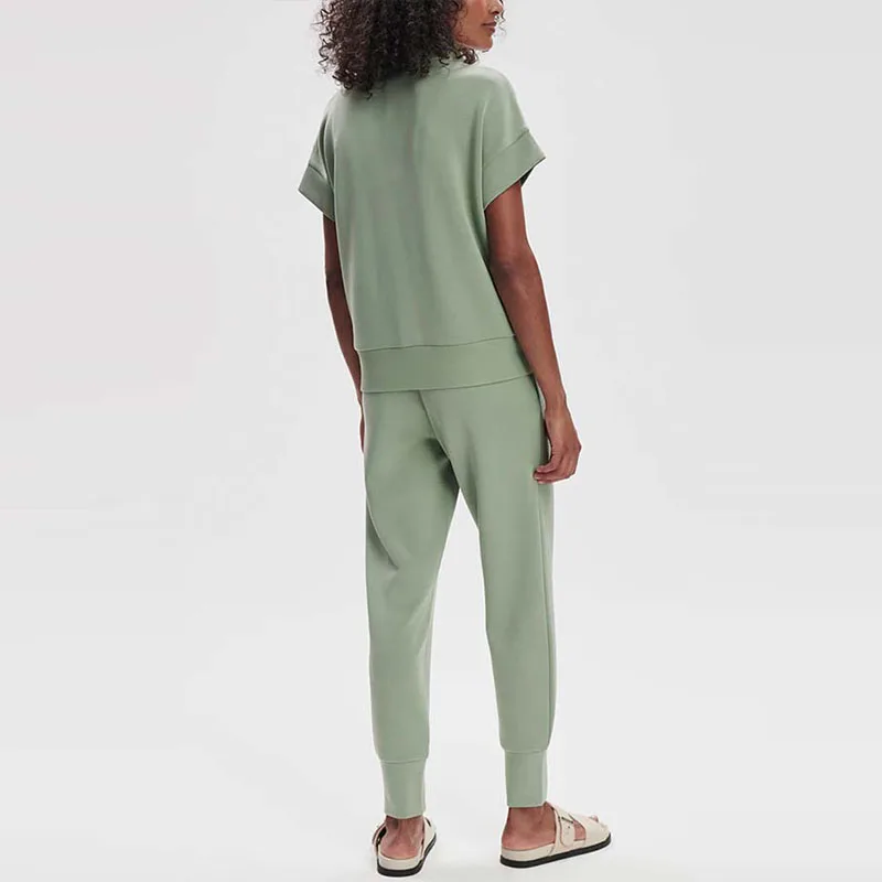 

Элегантный комплект топов с короткими рукавами и воротником-стойкой, брюки-карандаш, повседневные однотонные брюки с карманами, спортивный костюм, модная простая женская спортивная одежда