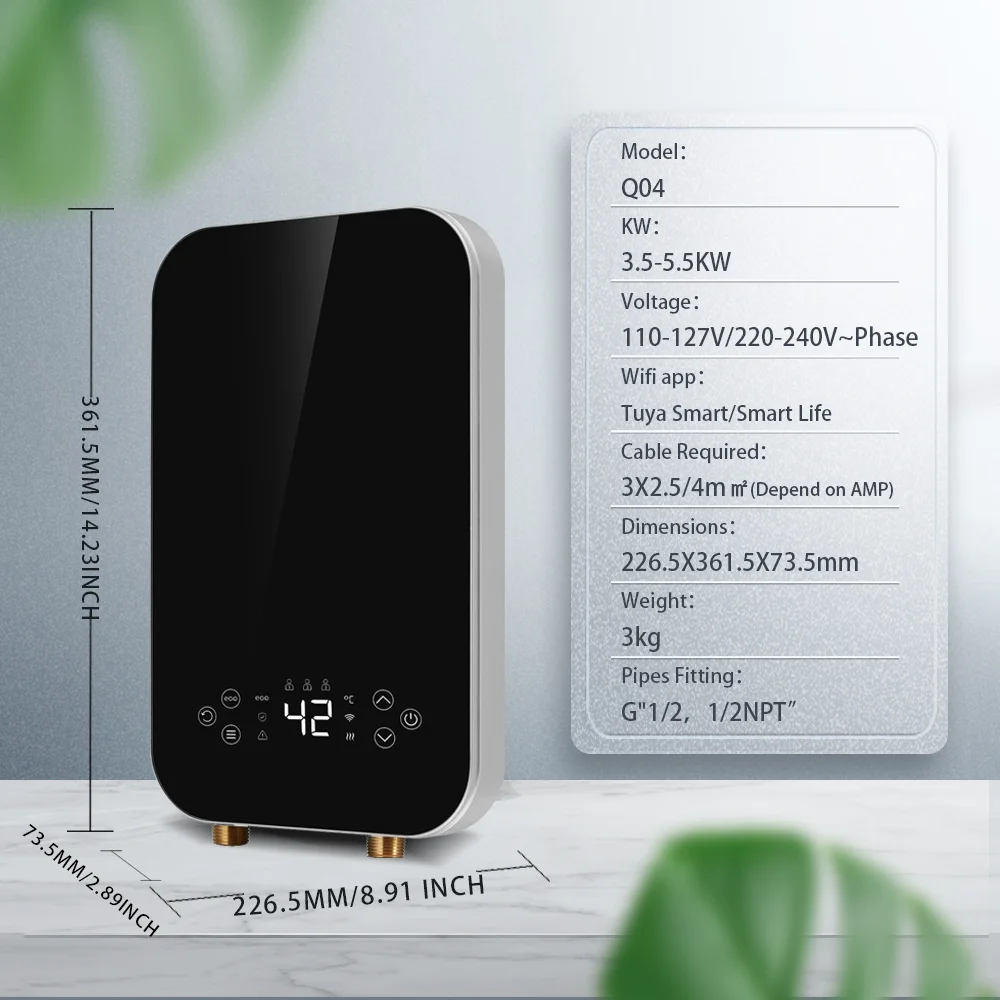 

220V 3.5kw Portable Wall-mounted WiFi App Control Bathroom Use Instant Electric Water Heater With Built in Booster Pump