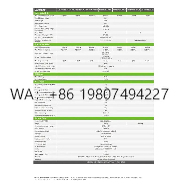 for Growatt On Grid Inverter MID 15-36KTL3-X3 LV 15kw 17kw 20kw 22kw 25kw 30kw 36kw Solar Power Converter