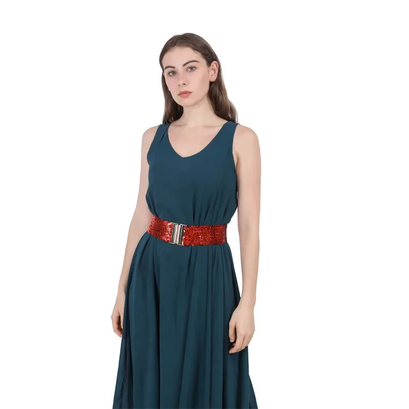 Sequin belt 6cm wide sequin elastic belt alloy buckle women's dress waist closure